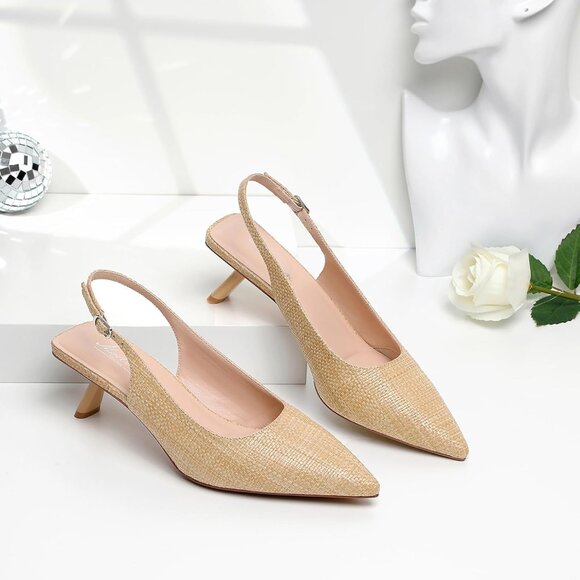 Mostrin Kitten Heel Raffina Natural Low Slingback Heels with Buckle Dress Shoes - Picture 4 of 9